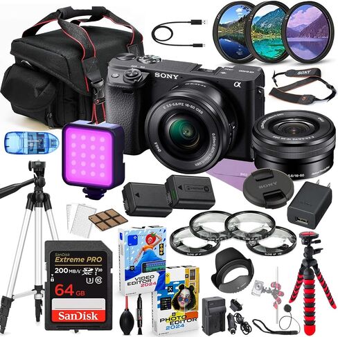 Sony a6400 Mirrorless Camera with 16-50mm Lens Bundle + Premium Accessory Package Including 64GB Extreme Memory, Case. Filters, Macros, LED Light, Photo-Video Software & More (36 Pieces) in Saudi Arabia