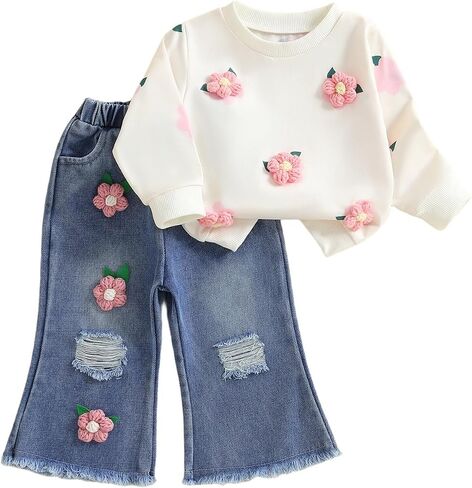 Afunbaby Toddler Girl Clothes 2T 3T Fall Winter Outfits Floral Shirt Top Flared Denim Pant Girls Jeans Clothing Set in Saudi Arabia