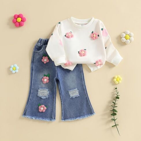 Afunbaby Toddler Girl Clothes 2T 3T Fall Winter Outfits Floral Shirt Top Flared Denim Pant Girls Jeans Clothing Set in Saudi Arabia