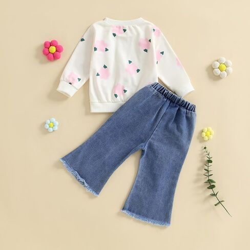 Afunbaby Toddler Girl Clothes 2T 3T Fall Winter Outfits Floral Shirt Top Flared Denim Pant Girls Jeans Clothing Set in Saudi Arabia