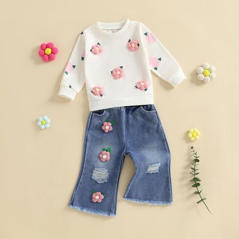 Afunbaby Toddler Girl Clothes 2T 3T Fall Winter Outfits Floral Shirt Top Flared Denim Pant Girls Jeans Clothing Set in Saudi Arabia