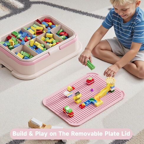 joyingbaby Toy Storage Organizer Box with Handle, Stackable Building Block Toy Box with Building Plate Lid & Removable Sorting Trays, Cubby Bins and Containers 1 Layer (Pink) in Saudi Arabia