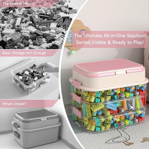 joyingbaby Toy Storage Organizer Box with Handle, Stackable Building Block Toy Box with Building Plate Lid & Removable Sorting Trays, Cubby Bins and Containers 1 Layer (Pink) in Saudi Arabia