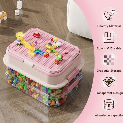 joyingbaby Toy Storage Organizer Box with Handle, Stackable Building Block Toy Box with Building Plate Lid & Removable Sorting Trays, Cubby Bins and Containers 1 Layer (Pink) in Saudi Arabia