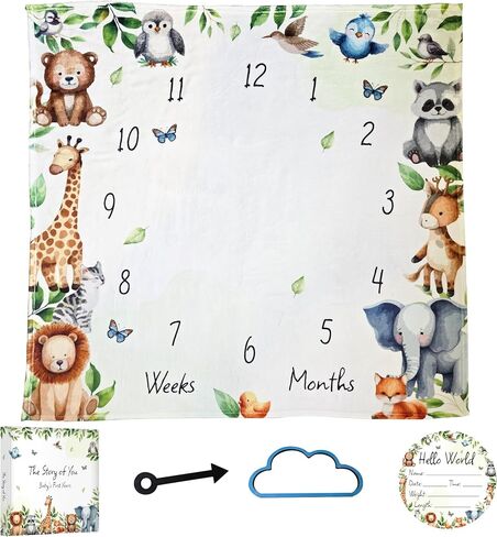Daisa GM Baby Monthly Milestone Blanket Unisex 45"x45", with Baby Memory Book an Arrow and a Small Cloud, a Wooden Announcement Sign, Milestone Blanket. in Saudi Arabia