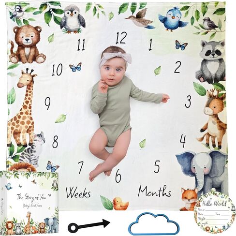 Daisa GM Baby Monthly Milestone Blanket Unisex 45"x45", with Baby Memory Book an Arrow and a Small Cloud, a Wooden Announcement Sign, Milestone Blanket. in Saudi Arabia