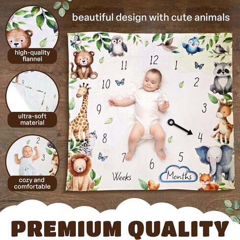 Daisa GM Baby Monthly Milestone Blanket Unisex 45"x45", with Baby Memory Book an Arrow and a Small Cloud, a Wooden Announcement Sign, Milestone Blanket. in Saudi Arabia