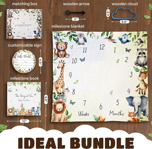 Daisa GM Baby Monthly Milestone Blanket Unisex 45"x45", with Baby Memory Book an Arrow and a Small Cloud, a Wooden Announcement Sign, Milestone Blanket. in Saudi Arabia