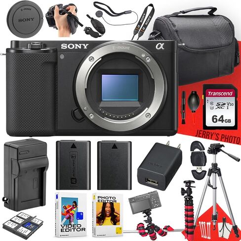 كاميرا Sony ZV-E10 بدون مرآة (الهيكل فقط) + ذاكرة 64 جيجابايت + بطارية إضافية + حامل ثلاثي القوائم عنكبوت + حافظة + حامل ثلاثي + قارئ بطاقات + شاحن بطارية + المزيد (حزمة 22 قطعة) (متجددة) in Saudi Arabia