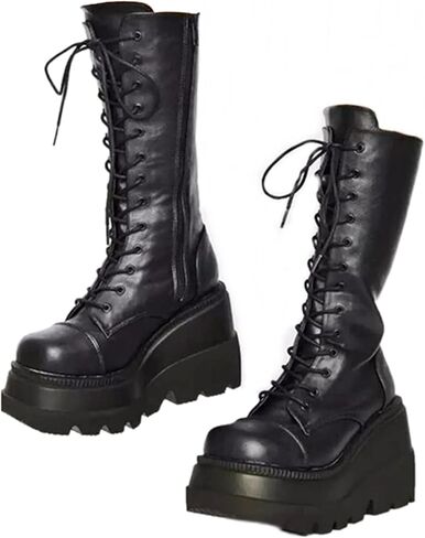 Womens Platform Mid Calf Combat Boots Chunky Booties Punk Combat Boots For Women Wedges Chunky Motorcycle Booties in Saudi Arabia