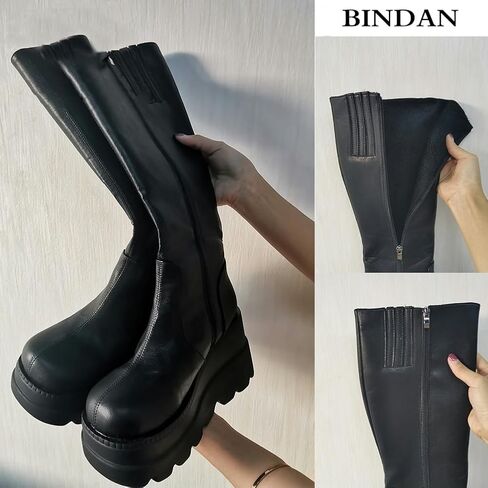 Womens Platform Mid Calf Combat Boots Chunky Booties Punk Combat Boots For Women Wedges Chunky Motorcycle Booties in Saudi Arabia