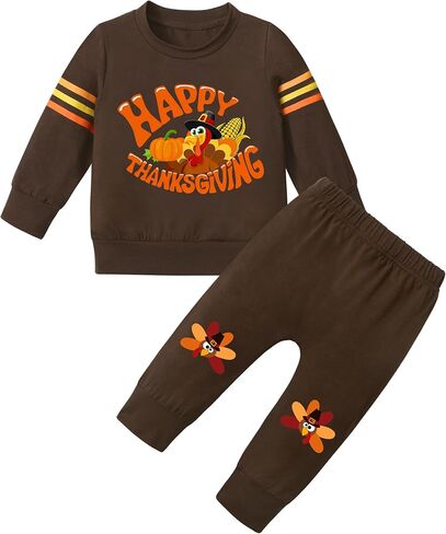 WIQI Toddler Baby Boy Thanksgiving Outfit Turkey Print Pullover Sweatshirt and Pants Clothing Set 2 Piece 18M-6Y in Saudi Arabia