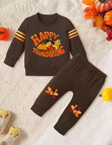 WIQI Toddler Baby Boy Thanksgiving Outfit Turkey Print Pullover Sweatshirt and Pants Clothing Set 2 Piece 18M-6Y in Saudi Arabia