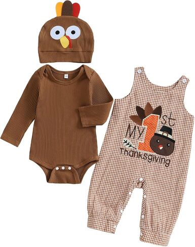 My First Thanksgiving Baby Boy Outfit Newborn Infant Long Sleeve Ribbed Romper Plaid Overalls Pants Hat 3Pcs Sets in Saudi Arabia