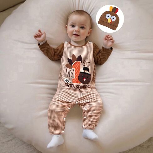 My First Thanksgiving Baby Boy Outfit Newborn Infant Long Sleeve Ribbed Romper Plaid Overalls Pants Hat 3Pcs Sets in Saudi Arabia