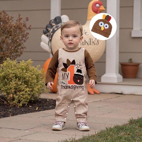 My First Thanksgiving Baby Boy Outfit Newborn Infant Long Sleeve Ribbed Romper Plaid Overalls Pants Hat 3Pcs Sets in Saudi Arabia