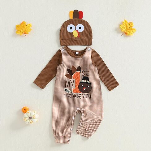 My First Thanksgiving Baby Boy Outfit Newborn Infant Long Sleeve Ribbed Romper Plaid Overalls Pants Hat 3Pcs Sets in Saudi Arabia