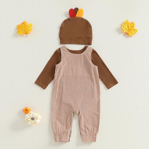 My First Thanksgiving Baby Boy Outfit Newborn Infant Long Sleeve Ribbed Romper Plaid Overalls Pants Hat 3Pcs Sets in Saudi Arabia