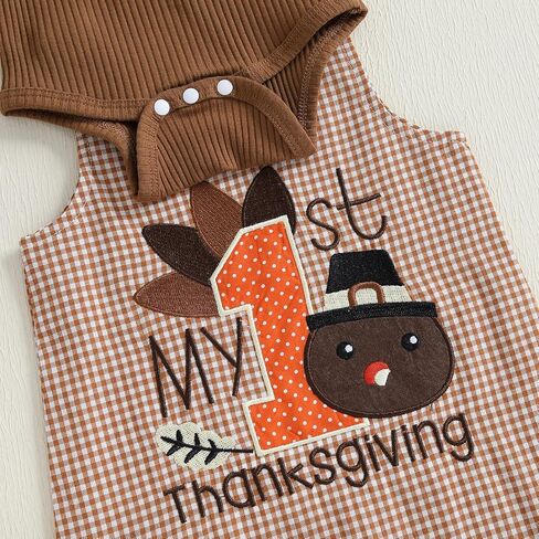 My First Thanksgiving Baby Boy Outfit Newborn Infant Long Sleeve Ribbed Romper Plaid Overalls Pants Hat 3Pcs Sets in Saudi Arabia