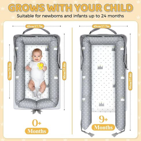 Baby Lounger for Newborn 0-24 Months, Portable Infant Lounger with Soft Breathable Cotton, Adjustable Size Lengthen Space Lightweight & Washable Essentials for Home (1. Crown) in Saudi Arabia