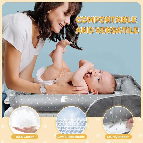 Baby Lounger for Newborn 0-24 Months, Portable Infant Lounger with Soft Breathable Cotton, Adjustable Size Lengthen Space Lightweight & Washable Essentials for Home (1. Crown) in Saudi Arabia