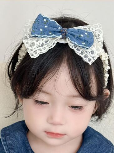 Baby Girls Hairbands Bow Lace Headband Handmade Soft Stretchy Pink Bowknot Hairbands Newborn Hairband with Bows Elastic Hair Bands for Kids Infant(Blue Denim Bow in Kuwait