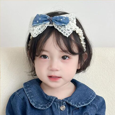 Baby Girls Hairbands Bow Lace Headband Handmade Soft Stretchy Pink Bowknot Hairbands Newborn Hairband with Bows Elastic Hair Bands for Kids Infant(Blue Denim Bow in Kuwait