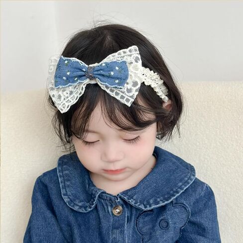 Baby Girls Hairbands Bow Lace Headband Handmade Soft Stretchy Pink Bowknot Hairbands Newborn Hairband with Bows Elastic Hair Bands for Kids Infant(Blue Denim Bow in Kuwait