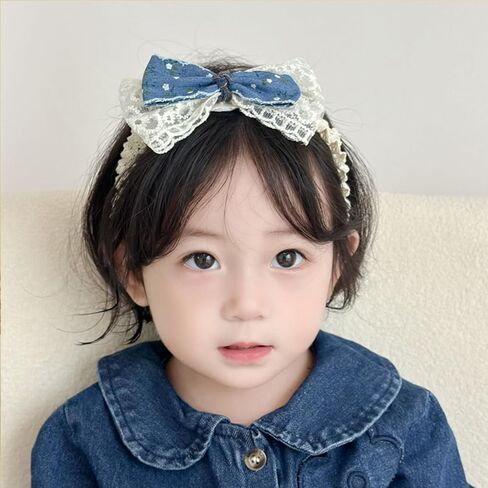 Baby Girls Hairbands Bow Lace Headband Handmade Soft Stretchy Pink Bowknot Hairbands Newborn Hairband with Bows Elastic Hair Bands for Kids Infant(Blue Denim Bow in Kuwait