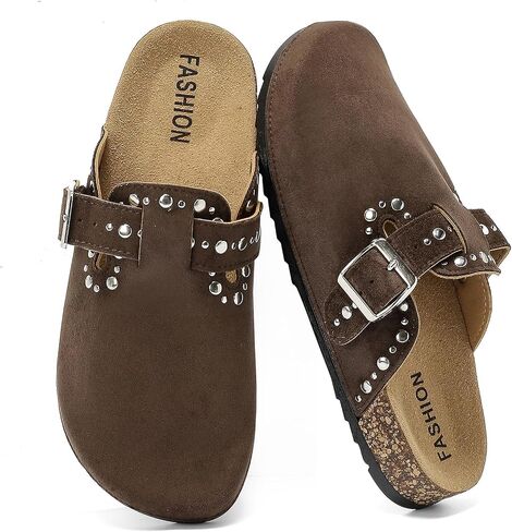 YorFotMae Womens Suede Clogs Mens Leather Slip On Mules Comfortable Adjustable Buckle Arch Support Slippers Cork Footbed Studded Potato Shoes in Saudi Arabia