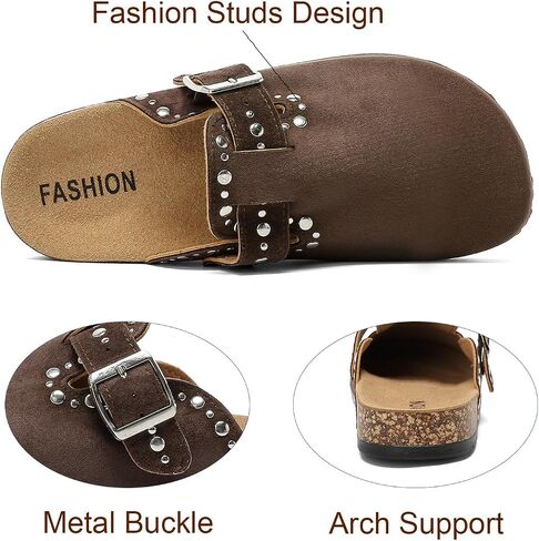 YorFotMae Womens Suede Clogs Mens Leather Slip On Mules Comfortable Adjustable Buckle Arch Support Slippers Cork Footbed Studded Potato Shoes in Saudi Arabia