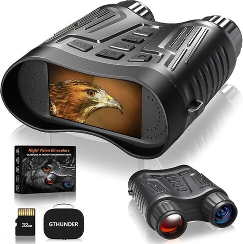 نظارات الرؤية الليلية GTHUNDER، مناظير للرؤية الليلية - فيديو بدقة 4K UHD، صور بدقة 52 ميجابكسل، جهاز تحكم عن بعد في التطبيق، تكبير 10X، شاشة عالية الدقة 4 بوصات، 984 قدمًا، 7 مستويات بالأشعة تحت الحمراء، بطارية 4000 مللي أمبير في الساعة، 32 جيجابايت - مث in Kuwait