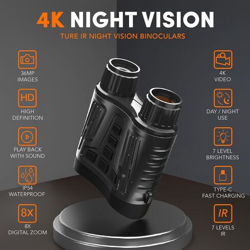 نظارات الرؤية الليلية GTHUNDER، مناظير للرؤية الليلية - فيديو بدقة 4K UHD، صور بدقة 52 ميجابكسل، جهاز تحكم عن بعد في التطبيق، تكبير 10X، شاشة عالية الدقة 4 بوصات، 984 قدمًا، 7 مستويات بالأشعة تحت الحمراء، بطارية 4000 مللي أمبير في الساعة، 32 جيجابايت - مث in Kuwait