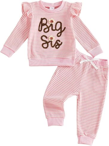 Big Sister Outfits Toddler Girl Long Sleeve Top and Striped Pants Set Kid Infant Baby 2Pcs Fall Winter Waffle Clothes in Saudi Arabia