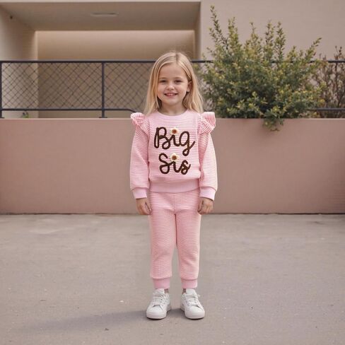 Big Sister Outfits Toddler Girl Long Sleeve Top and Striped Pants Set Kid Infant Baby 2Pcs Fall Winter Waffle Clothes in Saudi Arabia