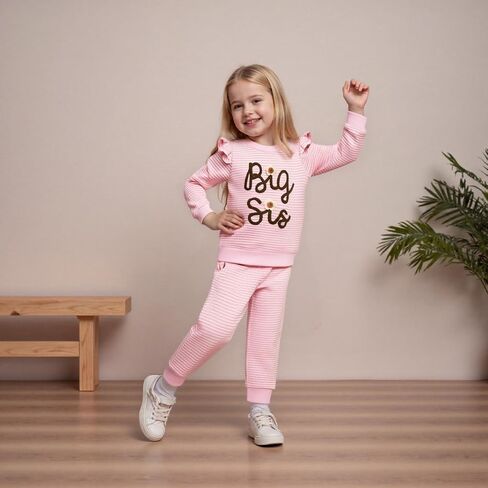 Big Sister Outfits Toddler Girl Long Sleeve Top and Striped Pants Set Kid Infant Baby 2Pcs Fall Winter Waffle Clothes in Saudi Arabia
