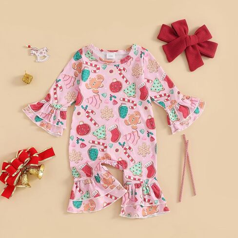 DuAnyozu First Christmas Baby Girl Outfit Newborn Infant Gingerbread Romper Ruffle Jumpsuit Candy Cane Outfit Cute Clothes in Saudi Arabia