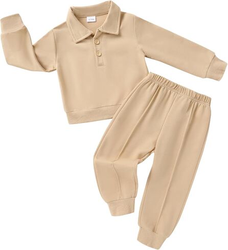 HAPPYMA Toddler Clothes Baby Boy Girl Fall Polo Long Sleeve Top and Solid Casual Pants Winter Outfits in Kuwait
