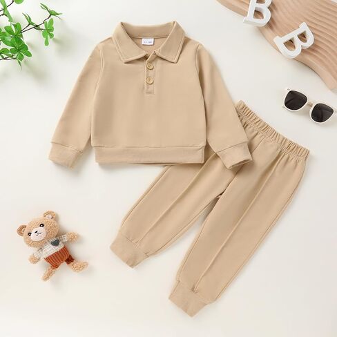 HAPPYMA Toddler Clothes Baby Boy Girl Fall Polo Long Sleeve Top and Solid Casual Pants Winter Outfits in Kuwait