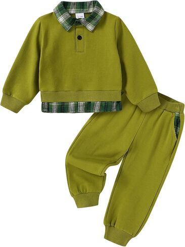 YOUNGER TREE Toddler Baby Boy Clothes Long Sleeve Plaid Lapel Sweatshirt Pullover Joggers Pants Fall Winter Outfit Set in Saudi Arabia