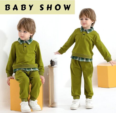 YOUNGER TREE Toddler Baby Boy Clothes Long Sleeve Plaid Lapel Sweatshirt Pullover Joggers Pants Fall Winter Outfit Set in Saudi Arabia