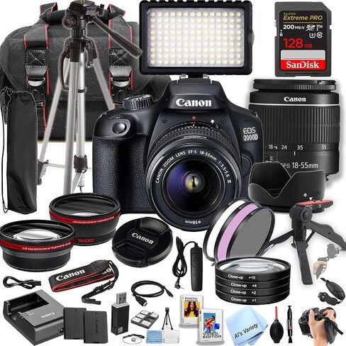 حزمة Canon EOS 2000D / Rebel T7 DSLR مع عدسة Canon EF-S 18-55mm f/3.5-5.6 هي عدسة II + ذاكرة فائقة سعة 128 جيجابايت، ضوء فيديو LED، عدسة زاوية واسعة، عدسة مقربة، طقم مرشح 3 قطع - حزمة احترافية 39 قطعة (متجددة) in Saudi Arabia