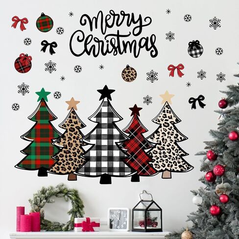 Mfault Merry Christmas Tree Wall Decals Stickers, Xmas Buffalo Plaid Leopard Decorations Bedroom Art, Winter Holiday Snowflake Ball Bow Home Kitchen Decor in Kuwait
