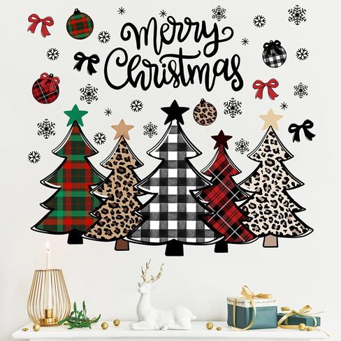Mfault Merry Christmas Tree Wall Decals Stickers, Xmas Buffalo Plaid Leopard Decorations Bedroom Art, Winter Holiday Snowflake Ball Bow Home Kitchen Decor in Kuwait