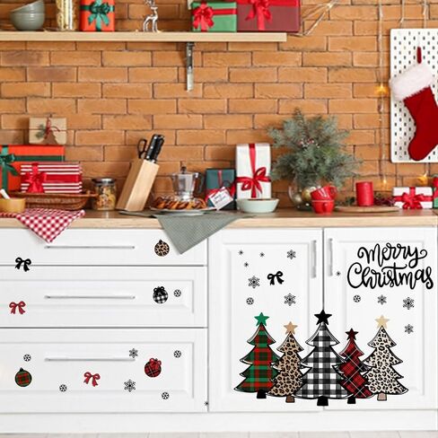 Mfault Merry Christmas Tree Wall Decals Stickers, Xmas Buffalo Plaid Leopard Decorations Bedroom Art, Winter Holiday Snowflake Ball Bow Home Kitchen Decor in Kuwait