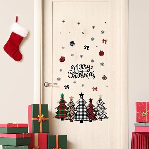 Mfault Merry Christmas Tree Wall Decals Stickers, Xmas Buffalo Plaid Leopard Decorations Bedroom Art, Winter Holiday Snowflake Ball Bow Home Kitchen Decor in Kuwait