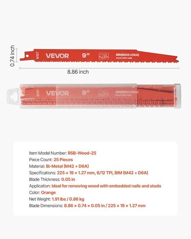 شفرات المنشار الترددية VEVOR، 25 حزمة، مجموعة شفرات المنشار الترددية ثنائية المعدن 6/12 TPI مع ساق عالمية، أسنان حادة للتقطيع السريع والسلس، لهدم الخشب والأظافر، برتقالي in Kuwait