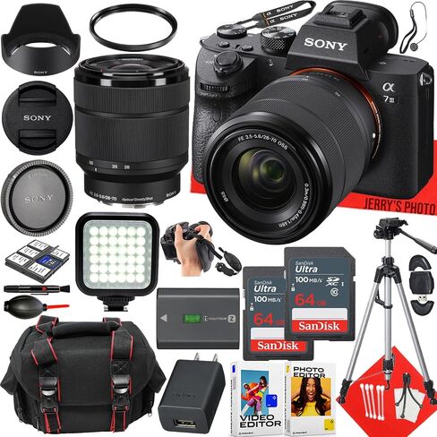 Sony a7 III Mirrorless Camera with Sony FE 28-70mm f/3.5-5.6 OSS Lens + 2pc 64 GB Memory + LED Light + Camera Case + Tripod + More (27pc Bundle) (Renewed) in Saudi Arabia