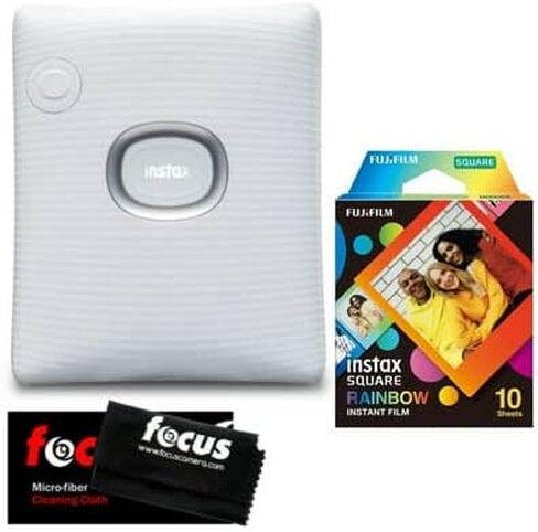 حزمة طابعة Fujifilm INSTAX Square Link الفورية للهواتف الذكية (أبيض) مع فيلم قوس قزح وقطعة قماش للتنظيف (3 قطع) in Saudi Arabia