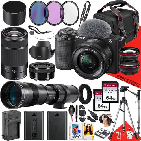 Sony ZV-E10 Mirrorless Camera with Sony E PZ 16-50mm F/3.5-5.6 OSS Lens and Sony E 55-210mm f/4.5-6.3 OSS + 420-800mm Lens + 2PC 64 GB Memory + Extra Battery + More (36pc Bundle) (Renewed) in Saudi Arabia